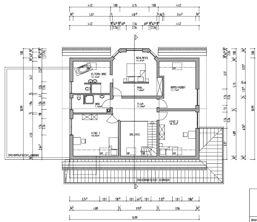 Grundriss eines Dachgeschosses mit Schlafzimmer, zwei Kinderzimmern, Büro/Hobby und Galerie.