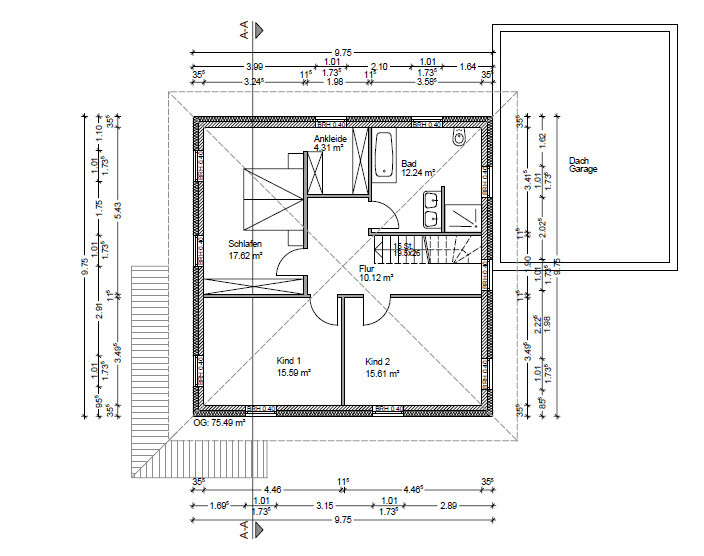 Grundriss Dachgeschoss: Flur, Bad, Ankleide, Schlafen, Kind 1, Kind 2.