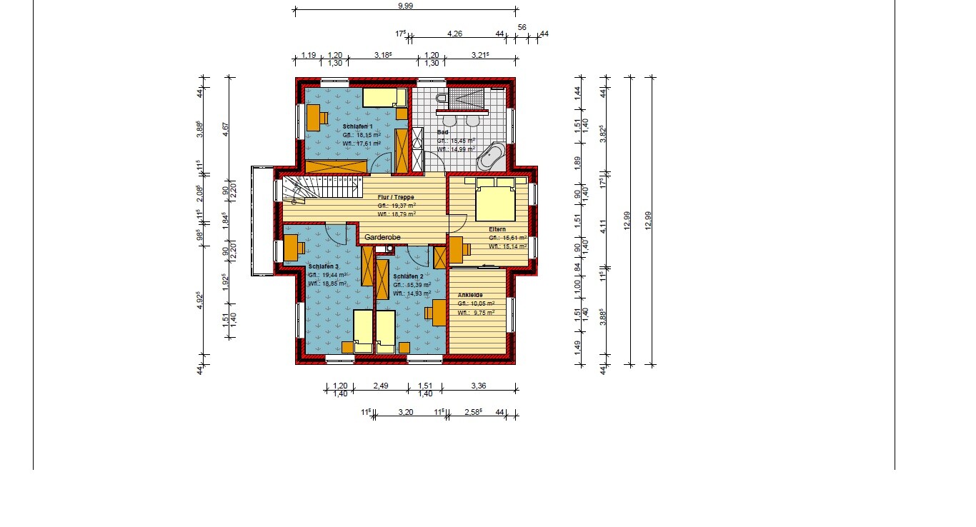 Grundrissplan eines Hauses mit Schlafzimmern, Flur und Bad, Maßangaben