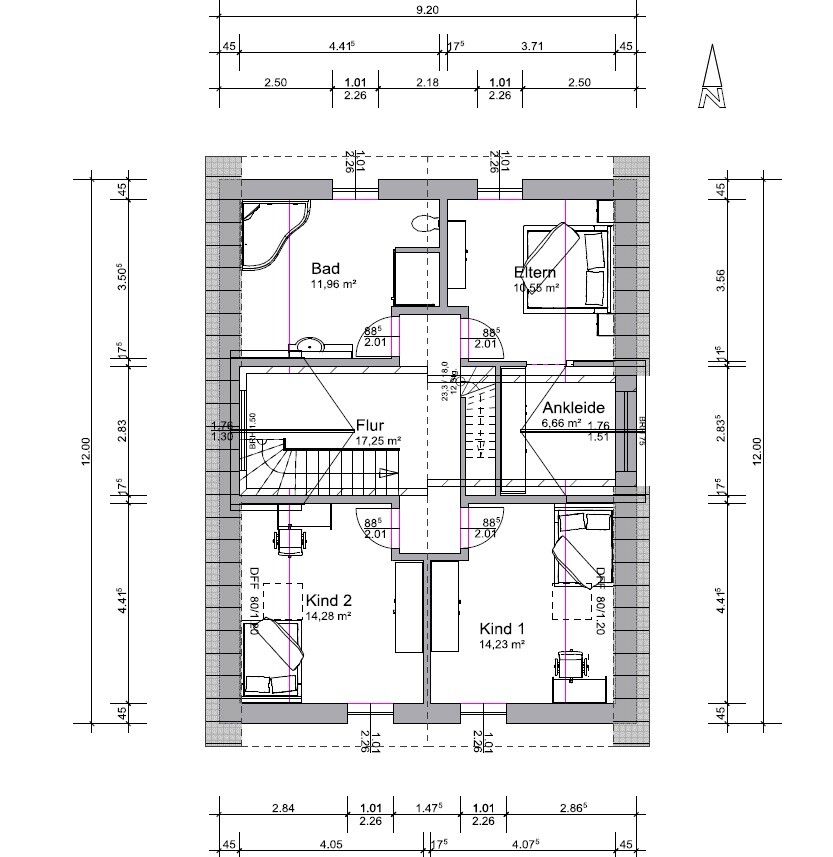 Dachgeschoss-Grundriss mit Flur, Bad, Elternzimmer, Ankleide und zwei Kinderzimmer.