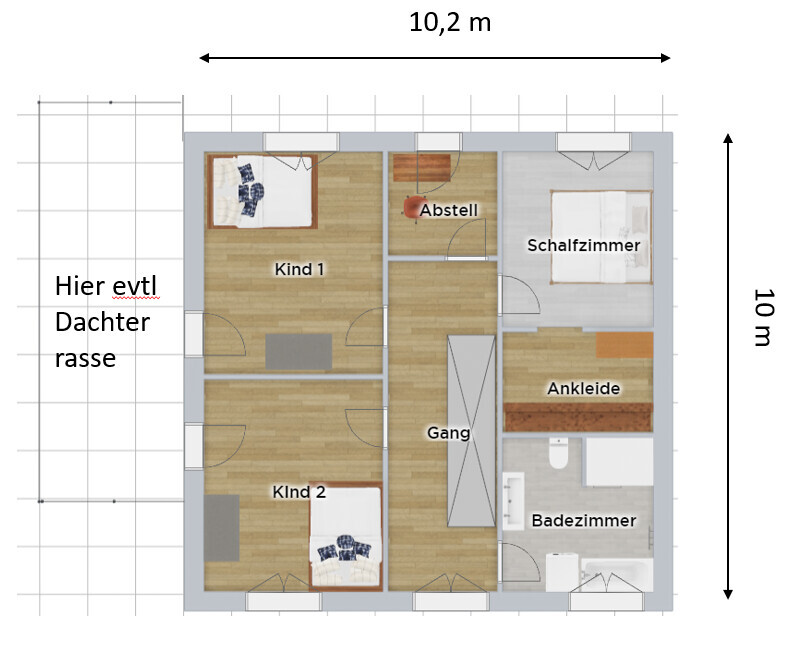 Grundriss eines Obergeschosses: Schlafzimmer, Bad, Ankleide, Gang, Kinderzimmer, Abstell.