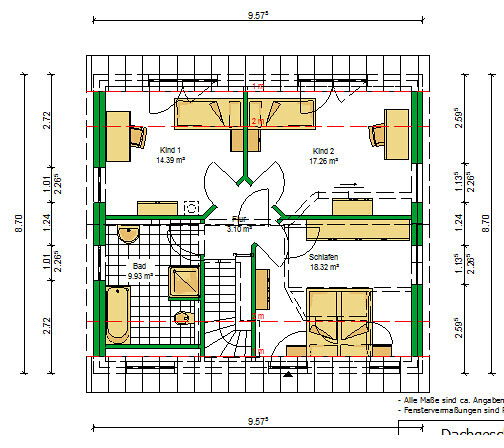 2D-Grundriss-Obergeschoss mit Schlafzimmer, zwei Kinderzimmern und Bad