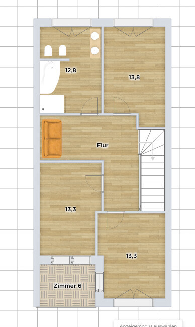 Grundriss eines Wohnungsgrundrisses: Flur mit Sofa, vier Zimmer, Bad und Treppenhaus.