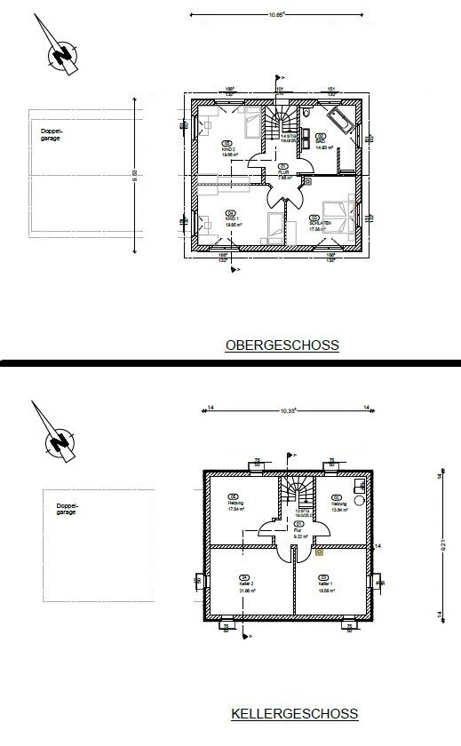 Grundriss: Obergeschoss und Kellergeschoss eines Hauses mit Doppelgarage