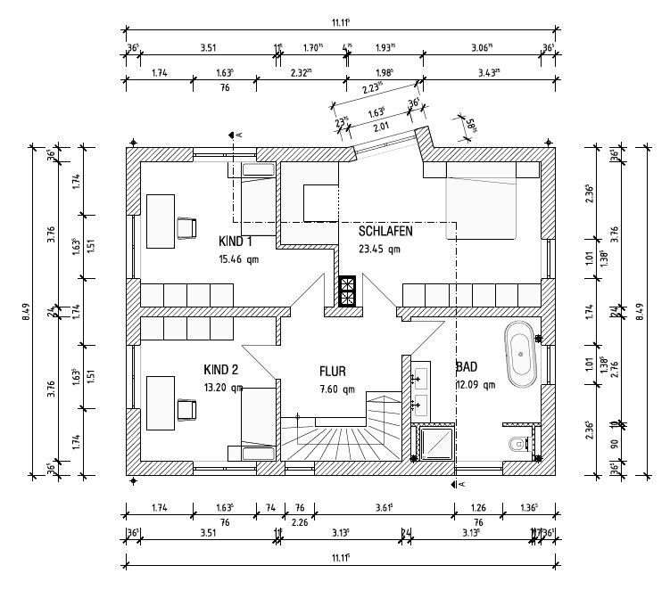 2D-Grundriss-Obergeschoss eines Hauses mit Schlafzimmer, Kinderzimmern und Bad