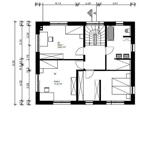 Grundriss des Obergeschosses mit Treppe, Flur, Bad und zwei Kinderzimmern.