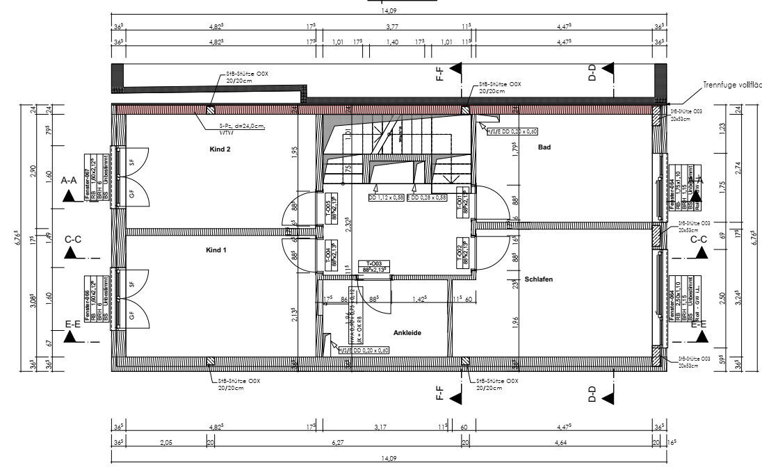 Grundriss eines Obergeschosses mit Schlafen, Kind 1, Kind 2, Ankleide, Bad, Treppe