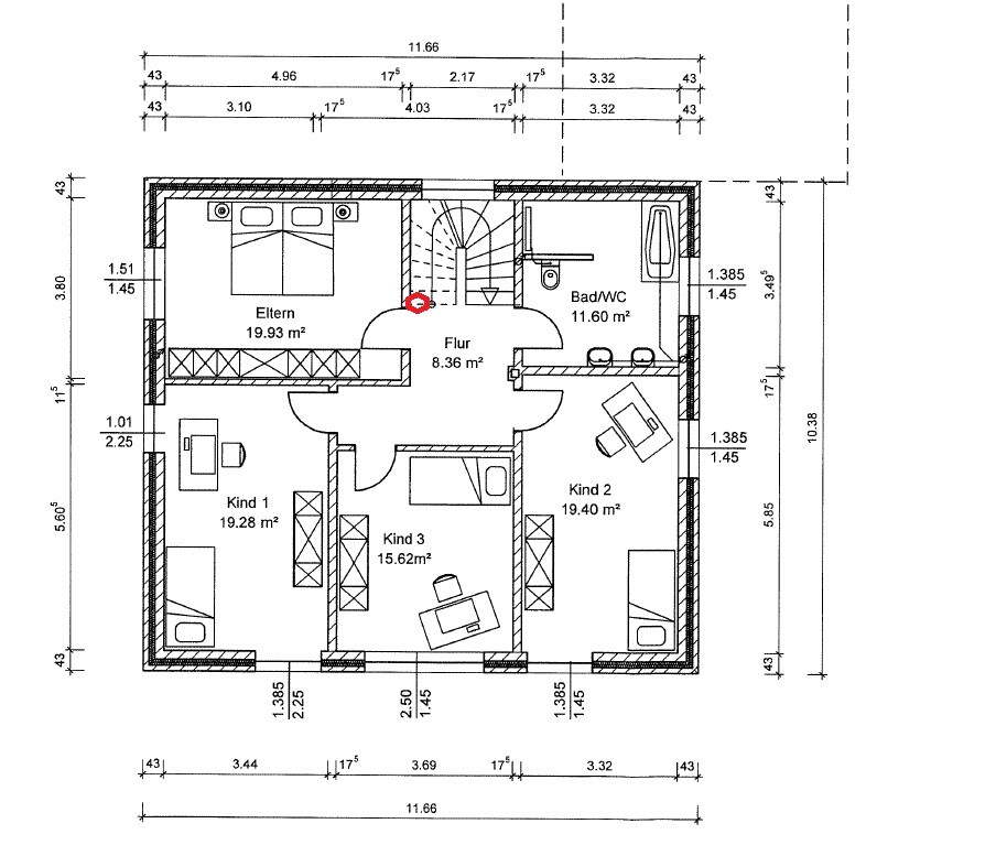 Grundriss eines Hauses mit Elternzimmer, drei Kinderzimmer, Flur und Bad/WC.