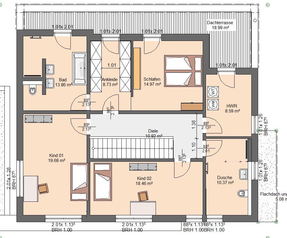 Grundriss eines Hauses: Diele, Schlafen, Kind 01, Kind 02, Bad, Dusche, Ankleide, HWR, Dachterrasse.