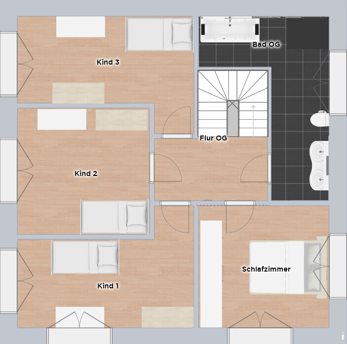 Grundriss OG: drei Kinderzimmer, Schlafzimmer, Flur, Bad mit Wanne und Doppelwaschbecken, Treppe