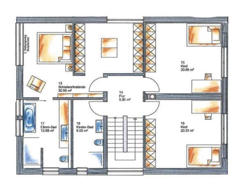 Grundriss eines Obergeschosses: Flur mit Treppe, drei Schlafzimmer, zwei Bäder und viele Schränke.