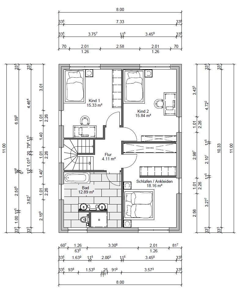 Grundriss eines Hauses: zwei Kinderzimmer, Schlafzimmer mit Ankleide, Bad, Flur und Treppe.