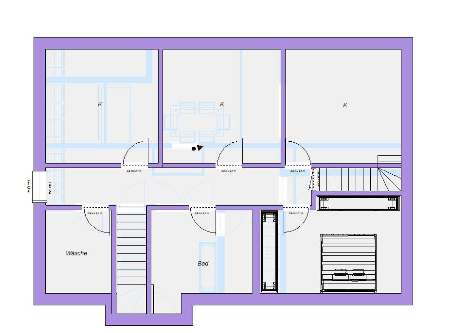2D-Grundriss eines Hauses mit Küche, Bad, Wäsche, Treppe und Flur