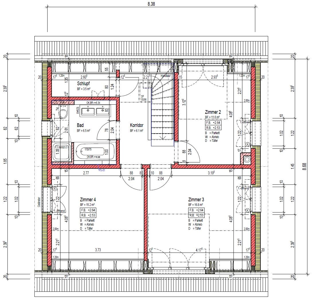 Grundrissplan eines Obergeschosses mit Zimmern, Fluren und Treppen im Bauplan