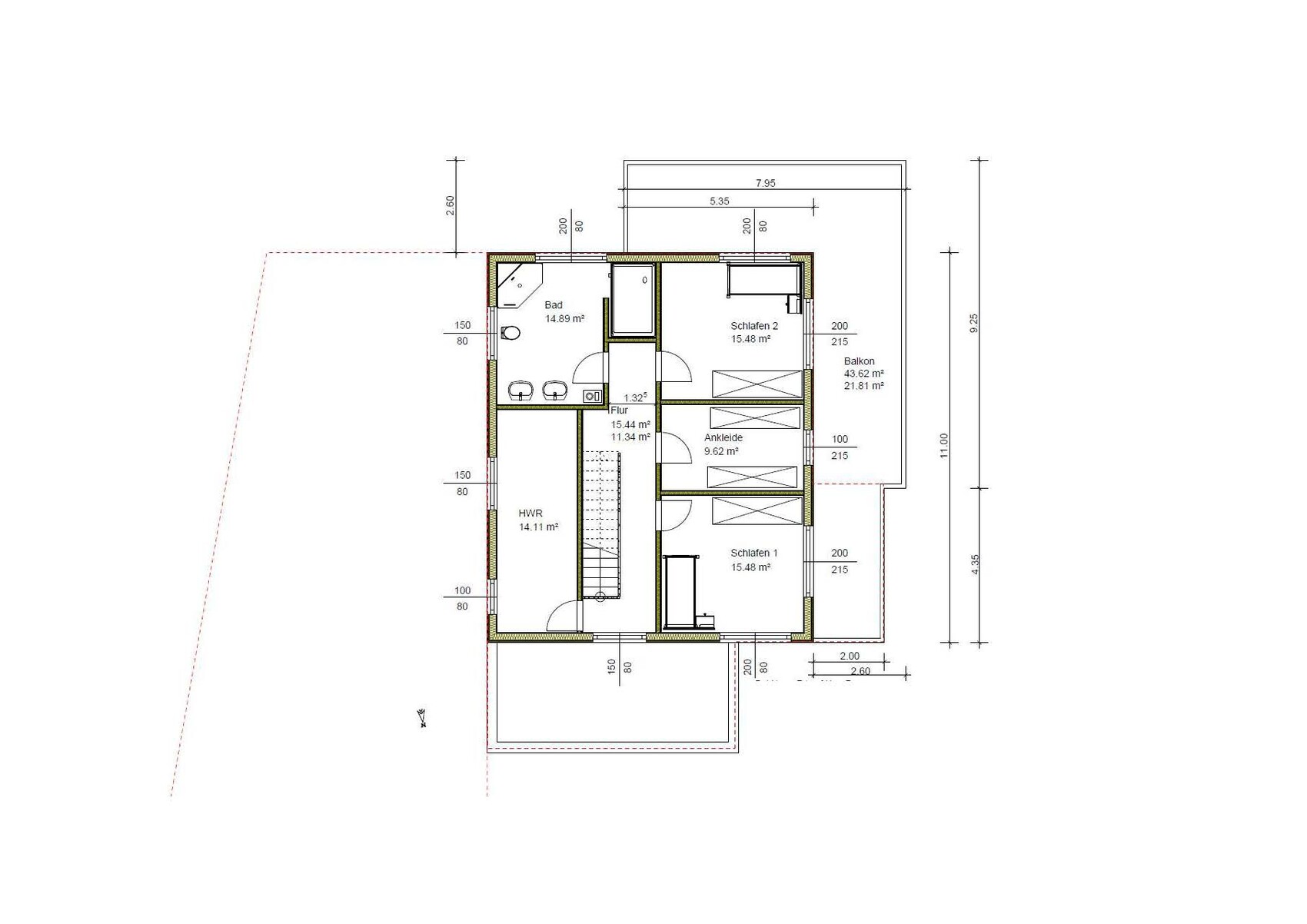 2D-Grundrissplan-eines-Hauses-mit-Schlafzimmern-Bad-und-Balkon