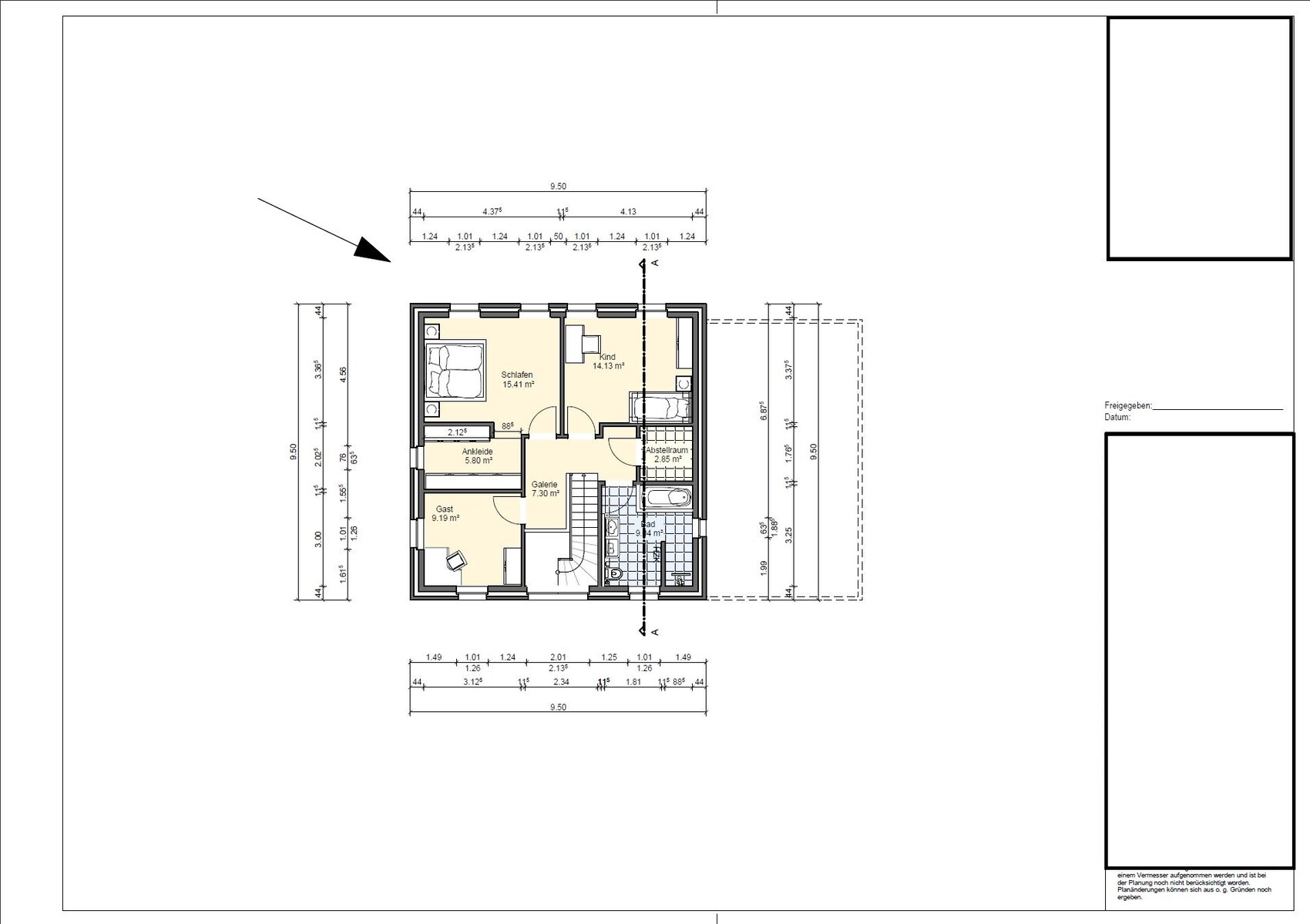 2D-Grundriss eines Mehrzimmer-Hauses mit Schlafzimmer, Gästezimmer, Bad und Treppe