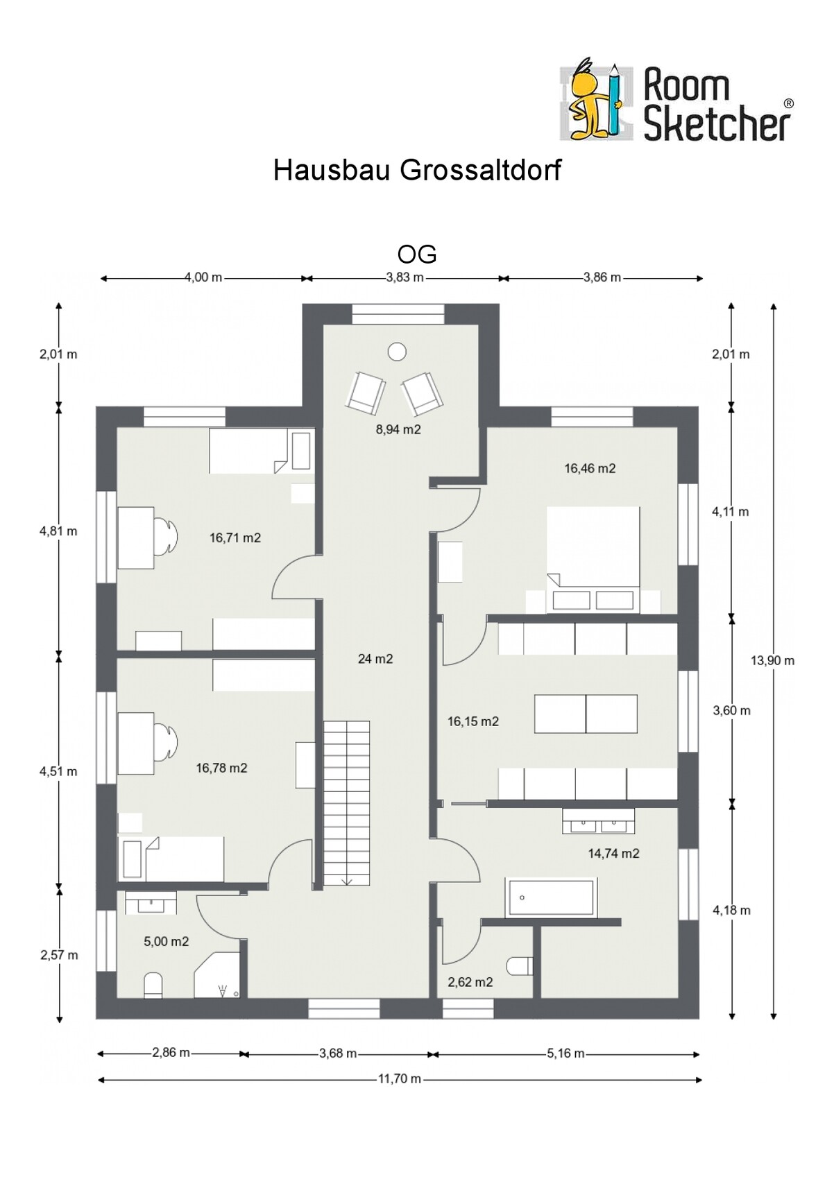 2D Grundriss des Obergeschosses eines Hauses mit mehreren Zimmern, Flur und Treppe