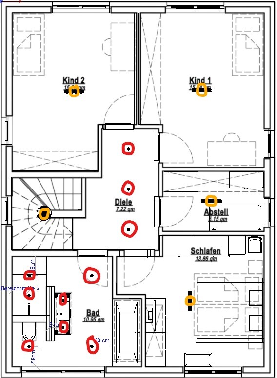 Grundriss eines Wohnhauses: Diele, Bad, Schlafen, Abstell, zwei Kinderzimmer, Treppenhaus.