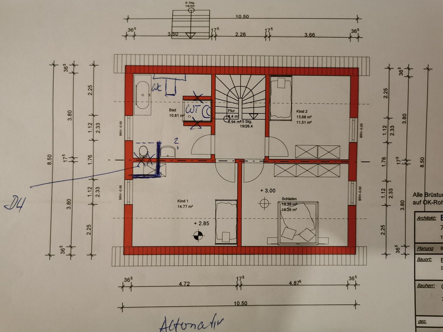 Grundriss eines Obergeschosses mit roten Wänden, Bad, WC, Flur, Schlafen, Kind 1 und 2.