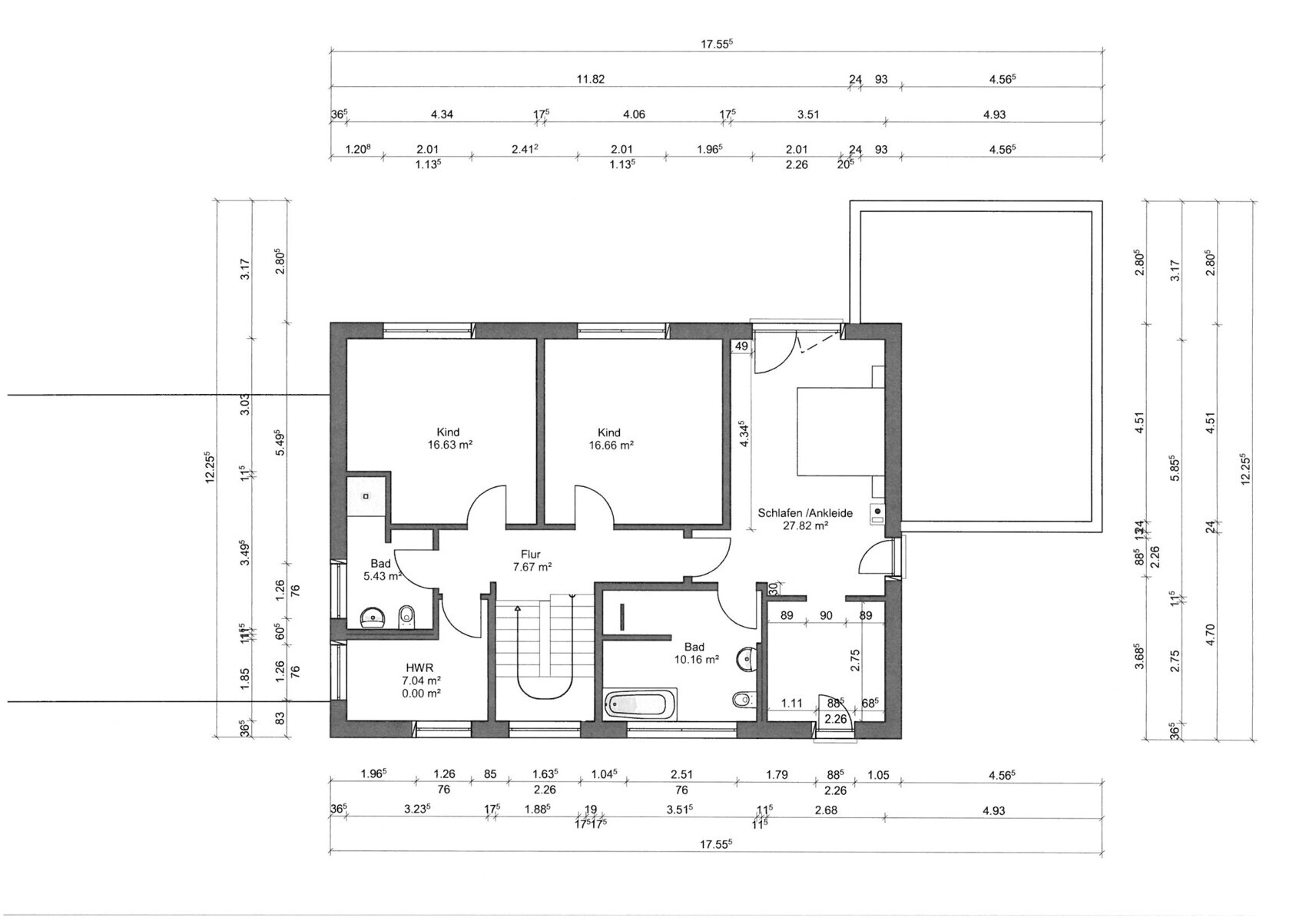 Grundriss eines Wohnhauses: zwei Kinderzimmer, Schlafzimmer mit Ankleide, zwei Badezimmer, Flur, HWR.