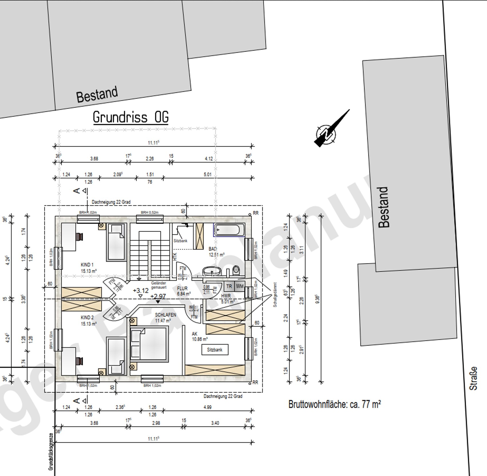Grundriss OG eines Hauses: Schlafzimmer, zwei Kinderzimmer, Bad, Flur; ca. 77 m².