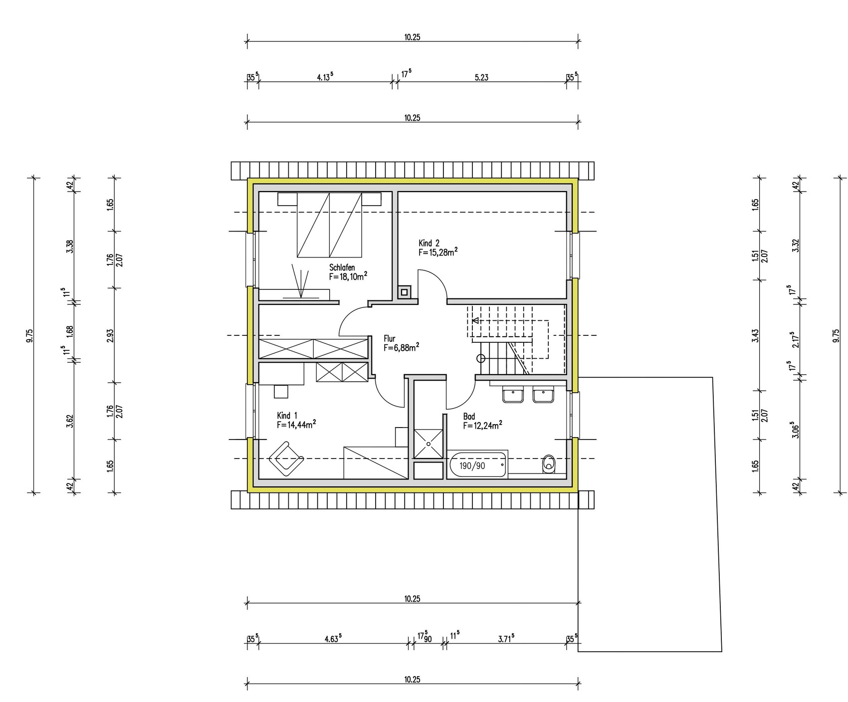 Grundriss eines Obergeschosses mit Schlafzimmern, Flur und Bad in Architektenplan