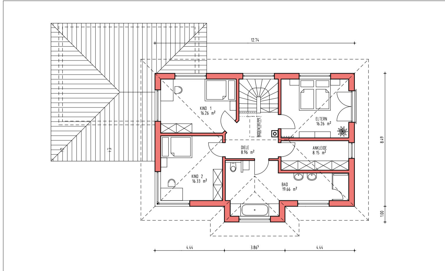 Grundriss eines Dachgeschosses: Elternschlafzimmer, zwei Kinderzimmer, Bad, Diele, Ankleide, Treppe