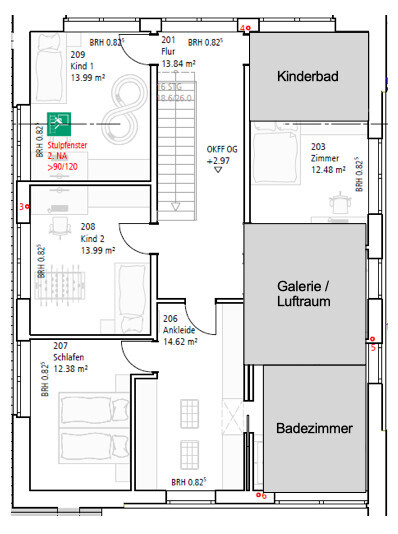 Grundriss eines Hauses mit Schlafzimmer, Ankleide, zwei Kinderräumen, Badezimmer, Galerie/Luftraum.