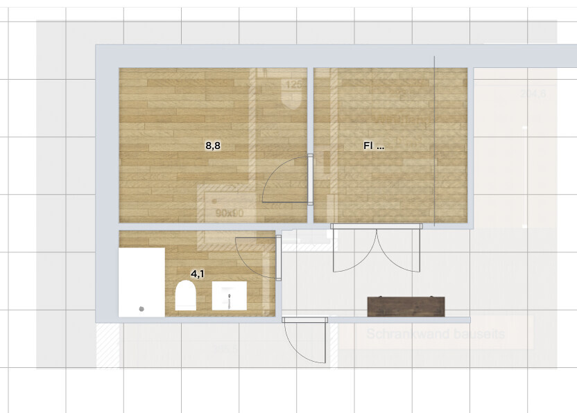 Grundriss einer kleinen Wohnung: zwei Holzbodenräume, Bad (4,1 m²) links unten, Flur.