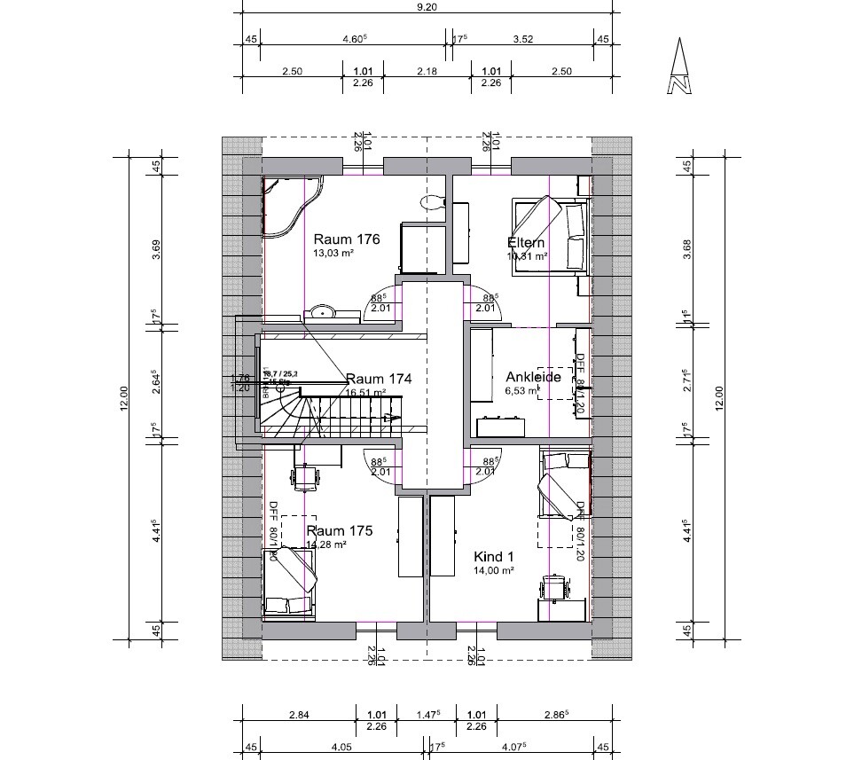 Grundriss Dachgeschoss mit Eltern, Kind 1, Ankleide und Räumen 174, 175, 176.