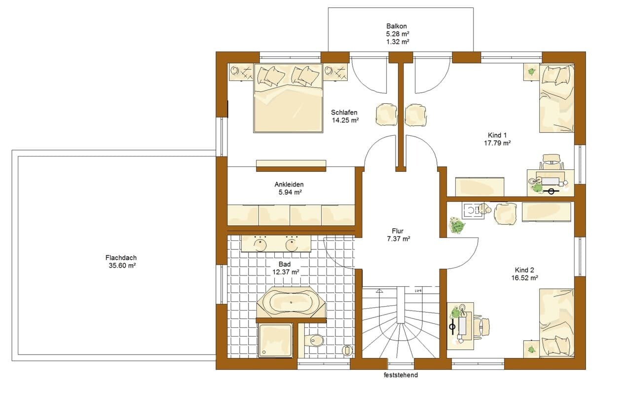 Grundriss eines Wohnhauses: Schlafzimmer, Ankleide, Bad, Flur, zwei Kinderzimmer und Balkon.
