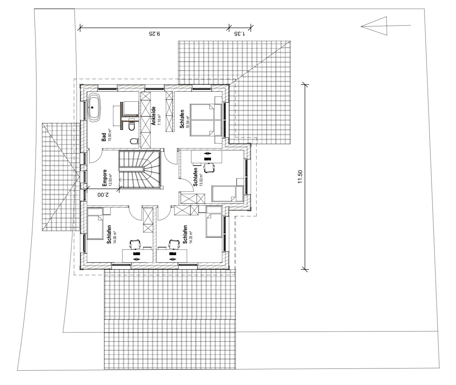 Grundriss des Obergeschosses: Schlafzimmer, Bad, Ankleide, Treppe, Terrasse.