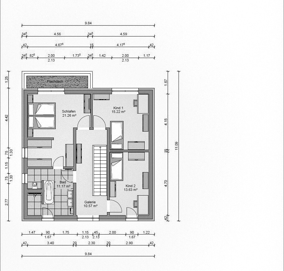 Grundriss eines Hauses mit Schlafzimmer, Bad, Galerie und zwei Kinderzimmern.