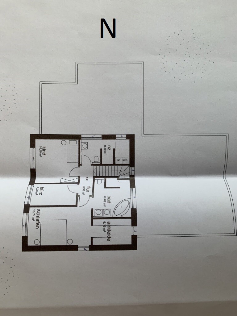Grundriss eines Hauses, Obergeschoss mit Schlafzimmer, Kinderzimmer, Ankleide und Bad