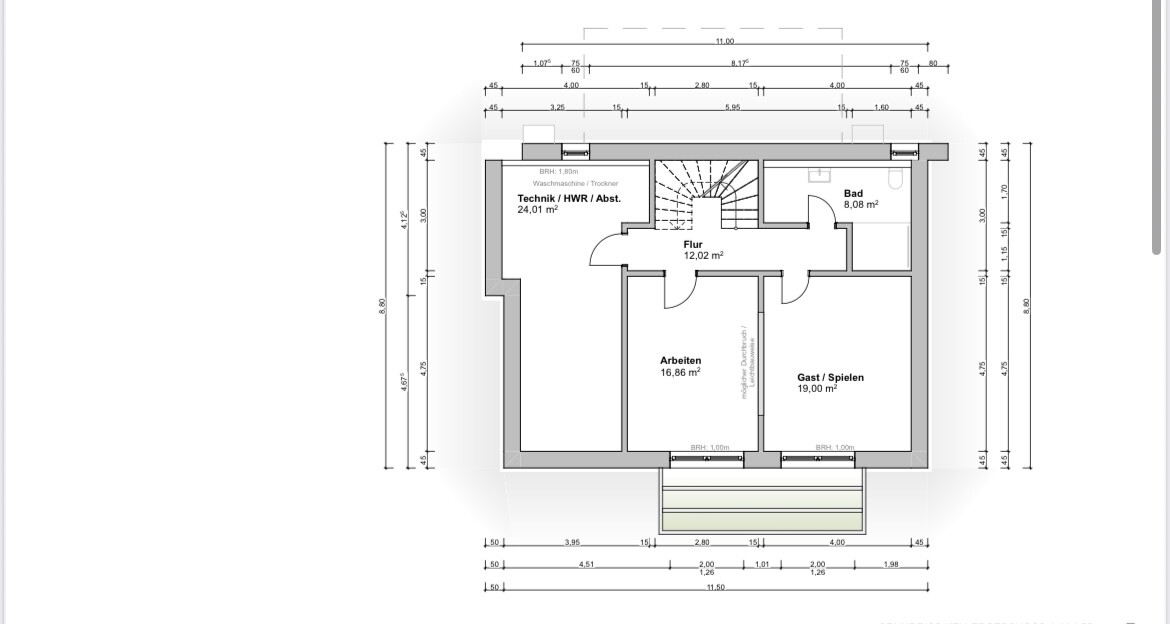 Grundriss eines Hauses im Obergeschoss mit Flur Technikraum Bad Arbeitszimmer Gastbereich
