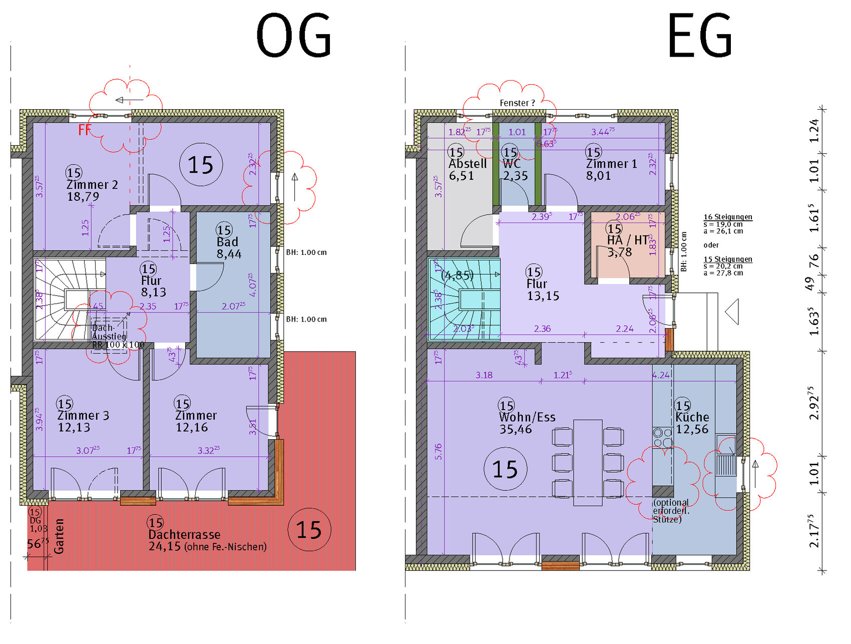 Zweistöckiger Grundriss eines Hauses: EG/OG mit Zimmern, Küche, Bad, Flur und Terrasse.