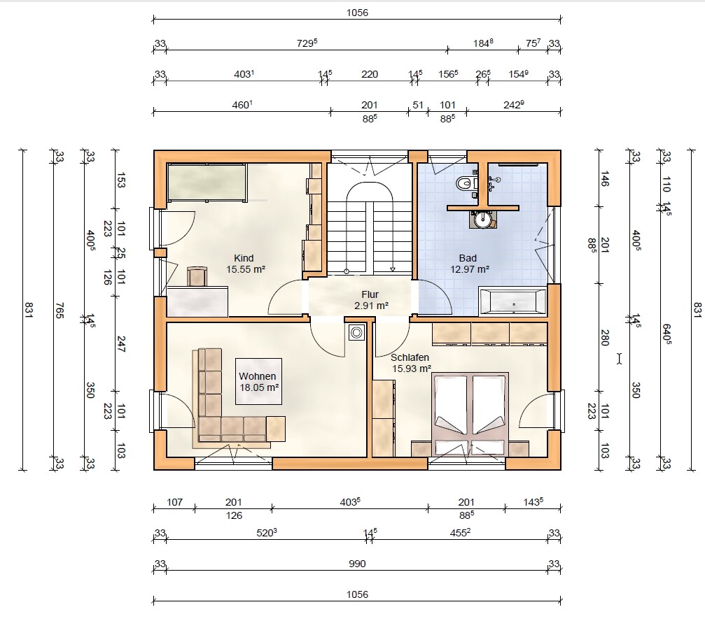 Grundriss eines Hauses mit Wohnzimmer, Schlafen, Kind, Bad und Flur sowie Maßlinien.