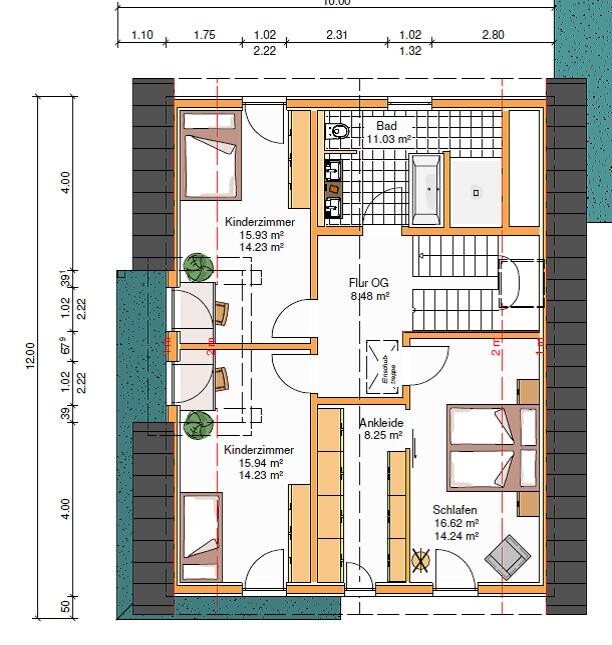 Grundriss eines Obergeschosses mit Flur, Bad, Ankleide, Schlafzimmer und zwei Kinderzimmer.