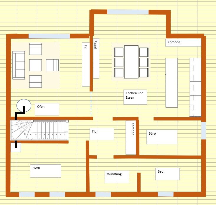 Grundriss eines Hauses: Wohnzimmer links, Küche mit Esstisch Mitte-Rechts, Büro und Bad unten.