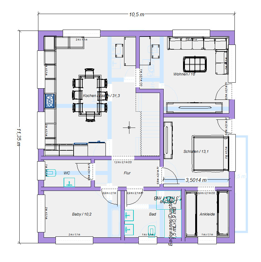 Grundriss eines Hauses: Küche/Essbereich, Wohnzimmer, Schlafen, Bad, Flur, WC, Babyzimmer, Ankleide.