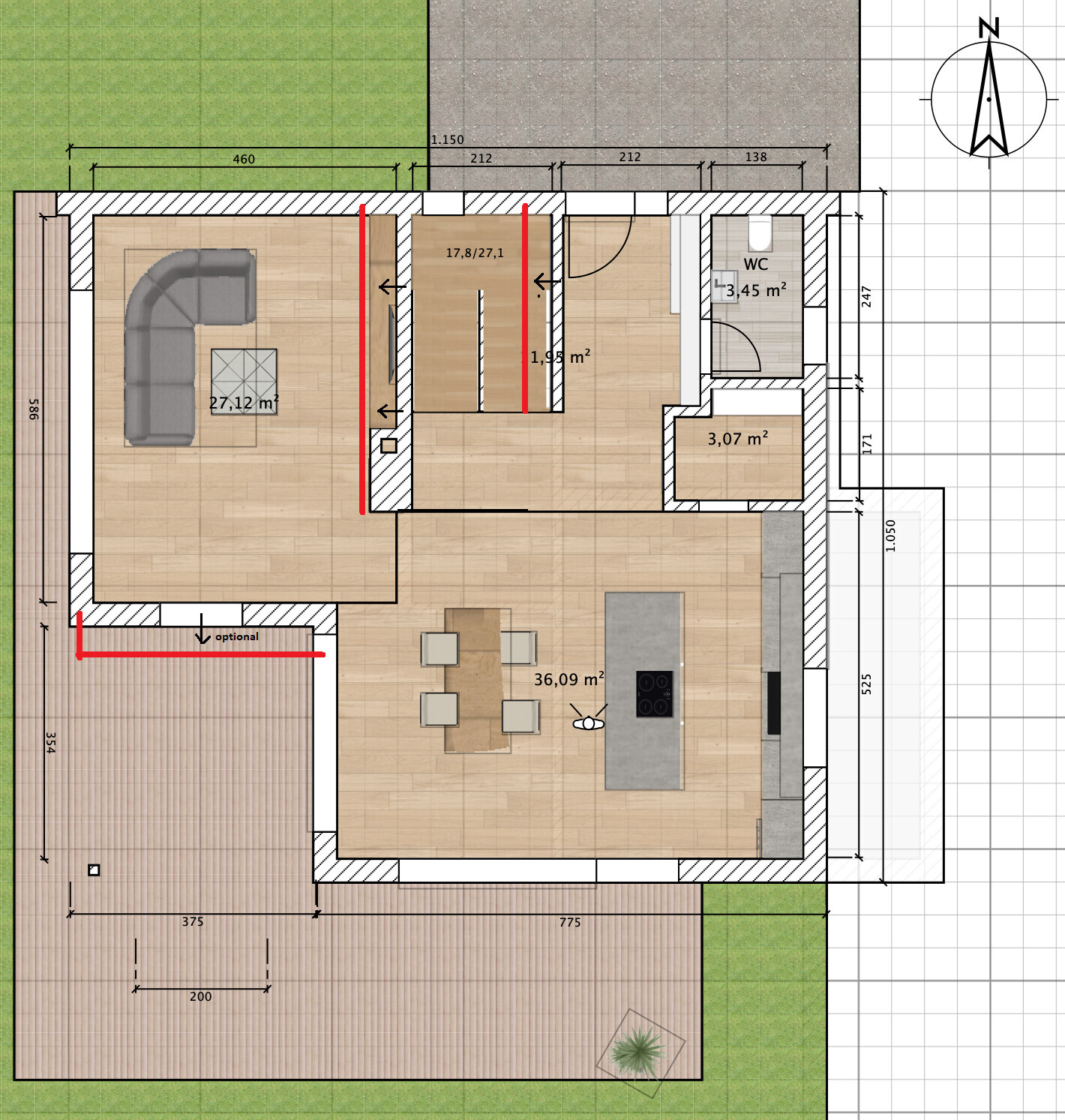 Grundriss eines Hauses: offenes Wohnzimmer-Küche-Essbereich, Flur, WC, Terrasse und Garten.