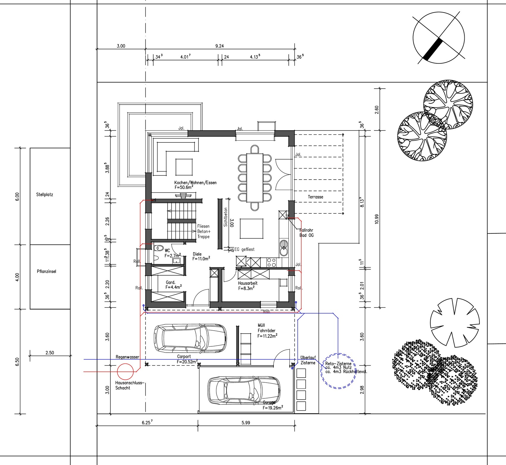Grundriss eines Hauses: Küche/Wohnen/Essen, Treppe, Terrasse, Garage/Carport und Garten.
