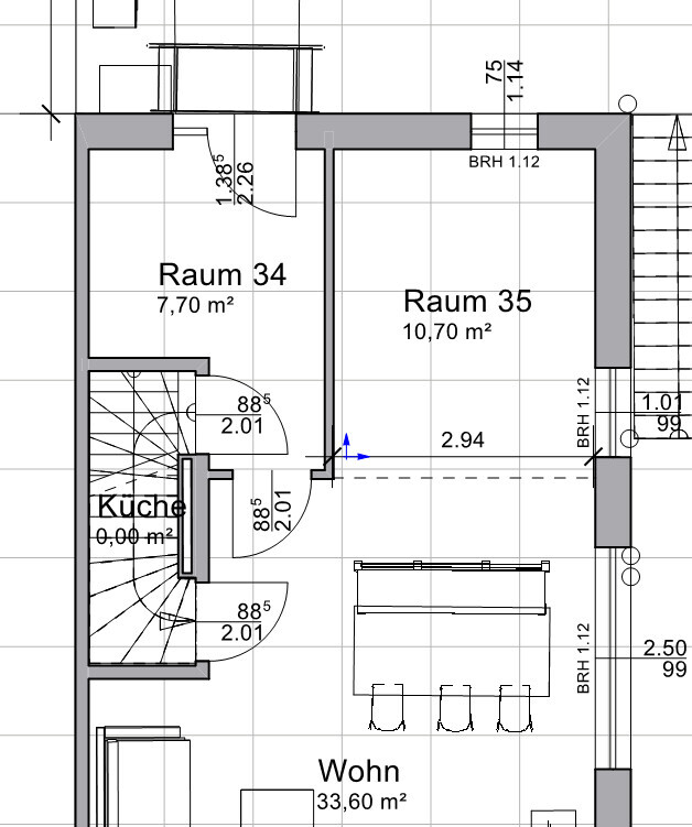 Grundriss: Raum 34 links, Raum 35 rechts, Küche unten links, Wohnbereich mit Esstisch.