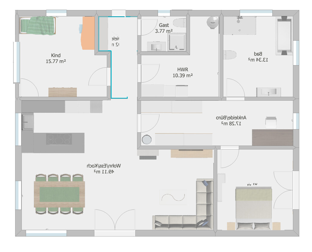 Grundriss einer Wohnung mit Küche, Essbereich, Wohnzimmer, Schlafzimmer, Kinderzimmer, Bad und HWR.