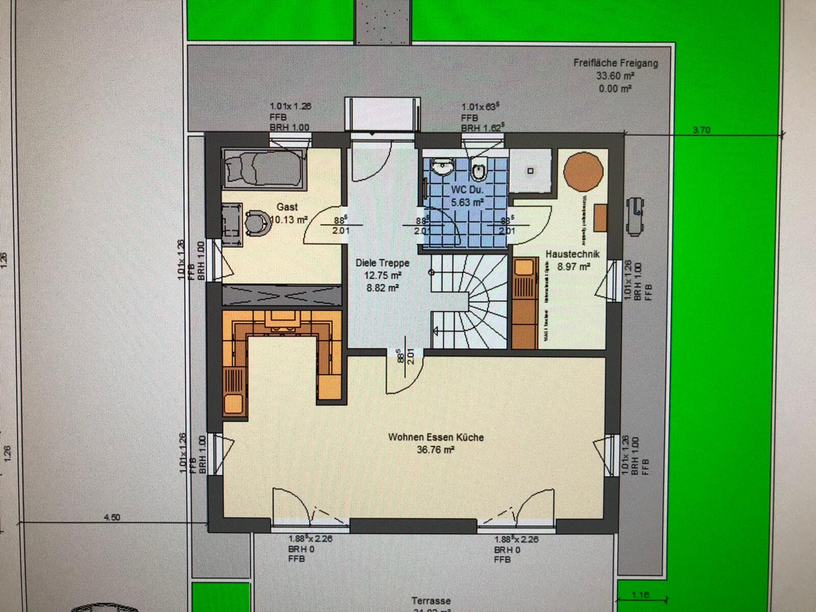 Grundriss eines Hauses mit offener Küche/Wohnbereich, Gästezimmer, Diele, Treppe, WC, Haustechnik
