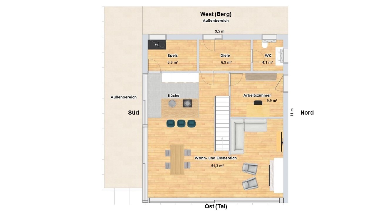 Zweidimensionaler Hausgrundriss mit Küche, Wohn- und Essbereich und Arbeitszimmer