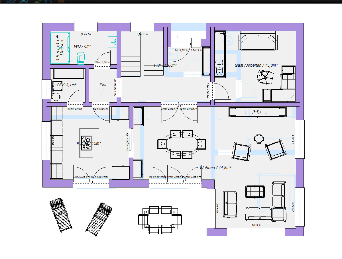 Grundriss eines Hauses: Wohnzimmer, Küche, Bad, WC, Flure, Gäste-/Arbeitszimmer, Treppen, Möbel.