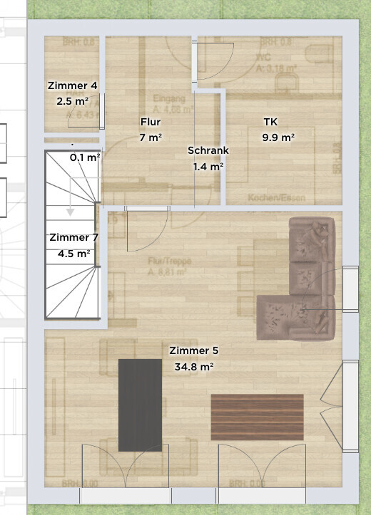 Grundriss eines Hauses: Zimmer 5 (34,8 m²) mit Sofa, Esstisch, Flur, Küche.