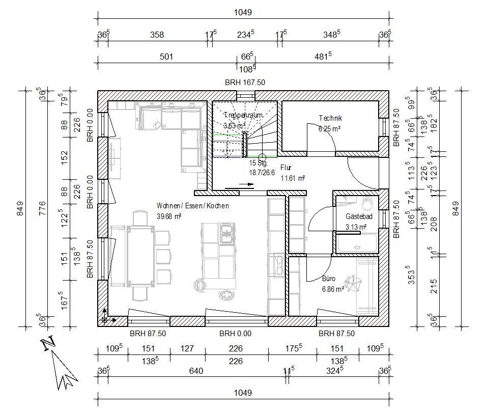 Grundriss eines Hauses: offener Wohn-/Ess-/Kochbereich, Büro, GästeWC, Flur, Treppe, Technikraum.