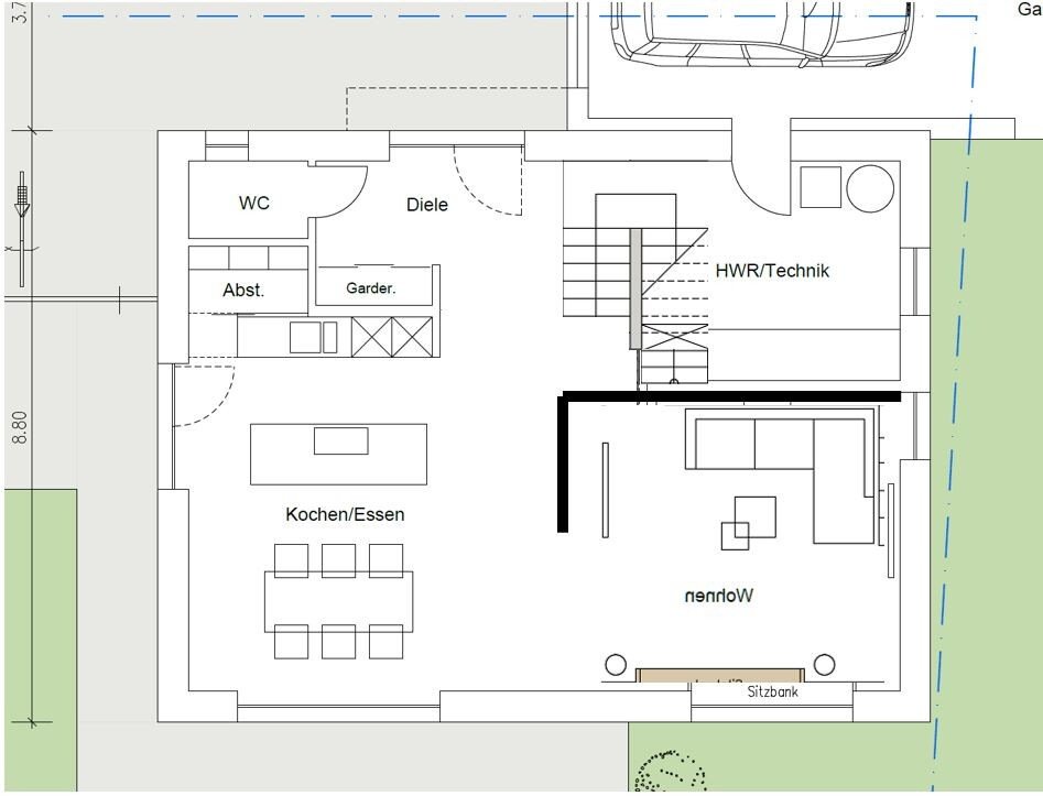 Grundriss eines Hauses: Küche/Essen, Wohnen, Diele, WC, HWR/Technik, Garderobe.